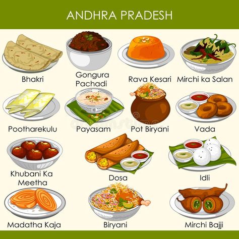 Illustration about Easy to edit vector illustration of delicious traditional food of Andhra Pradesh India. Illustration of kaja, assorted, buffet - 138204708 India Illustration, Food Map, Homemade Cookbook, Food Vocabulary, Food Infographic, State Foods, Food Charts, Easy Food Art, India Food