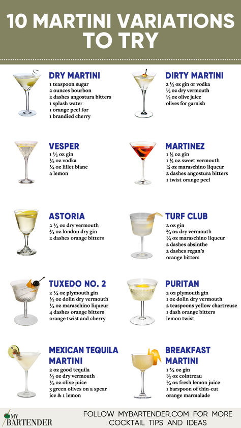 Martini Variations Martini With A Twist Recipe, Good Martini Recipes, Tequila Martini Cocktails, Yummy Martini Recipes, Different Types Of Martinis, Martini Drinks Cocktail Recipes, New Years Martini Recipes, Savory Martini Recipes, New Years Martini