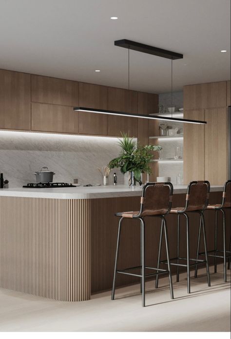 Like the cabinets and the island. Also really like the open shelves! Fluted Island, Fluted Bar, Island Detail, Modern Wood Kitchen, Fluted Wood, Natural Wood Kitchen, Wood Bar, Open Shelves, Wood Kitchen