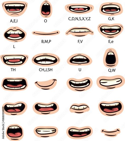 Lip sync character mouth animation.Mouth animation set. Lip sync, speaking mouth of cartoon character pronouncing sounds. Flat vector illustration for speaking articulation, English language studying Stock Vector | Adobe Stock Mouth Chart Character Design, Flat Cartoon Illustration, Mouth Lip Sync Reference, Mouth Speaking Drawing, Animation Mouth Chart, Cartoon Character Design References, Mouth Poses, Animation Mouth, Character Mouth