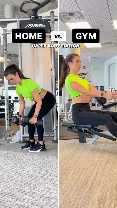 UPPER BODY WORKOUT | HOME vs. GYM⚡️ Working out at home or at the gym these exercises are similar movements, working the same muscle groups!💪 ✅Aim for 8-12 reps per exercise, 3-4x Dumbbell rows or Seated rows Tricep dips or Tricep pressdown Dumbbell curls or Cable curls Dumbbell reverse flys or Cable crosses SAVE THIS WORKOUT | TAG A FRIEND📝 LINK IN BIO TO JOIN MY PROGRAM WHERE YOU CAN WORKOUT AT HOME OR THE GYM!📱 #homeworkout #gymworkout | Elise's Body Shop | Elise's Body Shop · Original au Cable Curls, Workout Home, Working Out At Home, Dumbbell Curls, Tricep Dips, Back And Biceps, Legs Workout, Back Workout, Flat Belly Workout