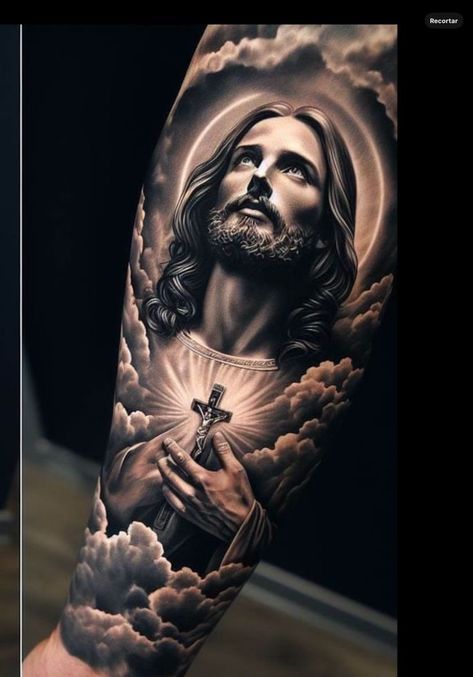 Religious Arm Sleeve Tattoos, Memorial Back Tattoos, God Tattoos Men, Jesus Tatoos Ideas, Jesus Tattoo Men, Small Angel Tattoo Men, Jesus Piece Tattoo, Black Jesus Tattoo, Jesus Sleeve Tattoo