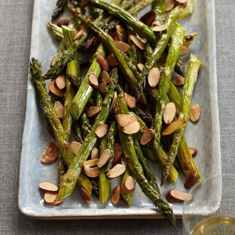 Roasted Asparagus with Almonds Recipe - Grace Parisi Almonds Recipe, Passover Recipes, Roasted Asparagus, Asparagus Recipe, Roasted Almonds, Veggie Sides, Almond Recipes, Vegetable Side Dishes, Roasted Vegetables