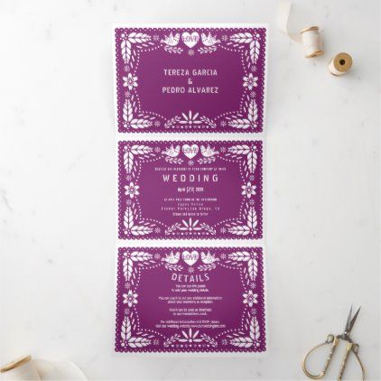 Purple papel picado love birds wedding Tri-Fold invitation Papel Picado Wedding, Magnet Wedding Invitations, Mad Tea Parties, Folded Wedding Invitation, Stylish Wedding Invitation, Love Birds Wedding, Kids Birthday Themes, Photo Wedding Invitations, Mexican Wedding