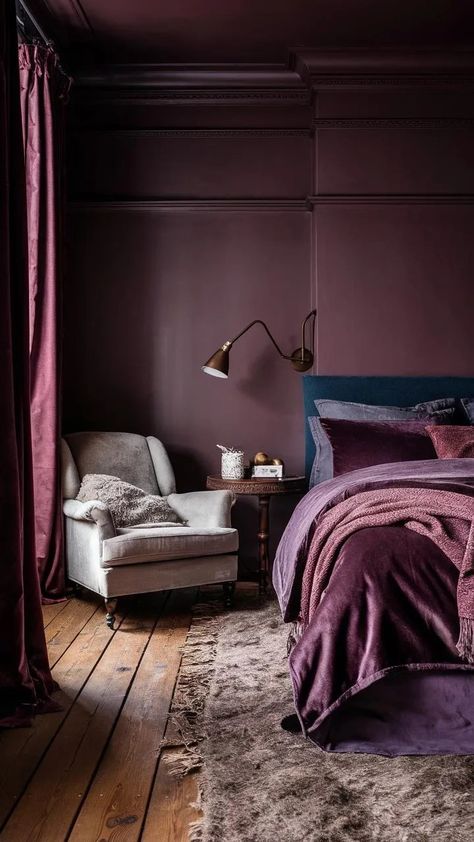 7 Moody Bedroom Color Ideas for a Sophisticated & Modern Space 7 Color Themed Rooms, Navy Lilac Bedroom, Soulmate Sherwin Williams, Deep Mauve Bedroom, Purple And Tan Bedroom, Blue And Plum Bedroom, Bedroom With Purple Accents, Moody Purple Bedroom Ideas, Purple Bedroom Colors