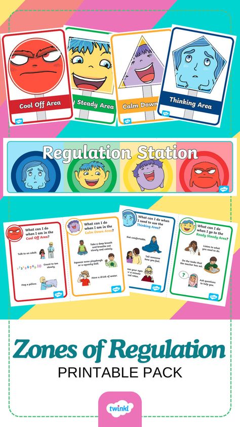 Image shows the printable pack that includes a Zones of Regulation Classroom Display. Zones Of Regulation Classroom, Zones Of Regulation Display, Regulation Station, Calm Down Area, Zones Of Regulation, Teaching Resources Primary, Key Stage 1, Elementary School Counseling, Primary Teaching