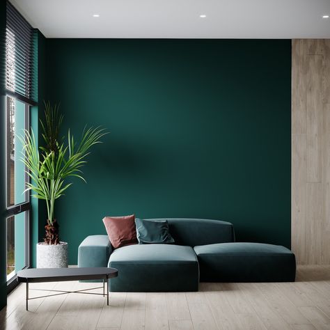 Accent Wall Colors: Stunning Accent Wall Paint Ideas | Robern One Color Accent Wall, Room Accent Wall Ideas Paint Colors, Luxury Wall Color, Living Room Accent Wall Paint Colors, Behr Living Room Paint, Emerald Green Accent Wall Living Room, Japandi Library, Accent Walls In Living Room Ideas Paint, Accent Wall Colors Living Room