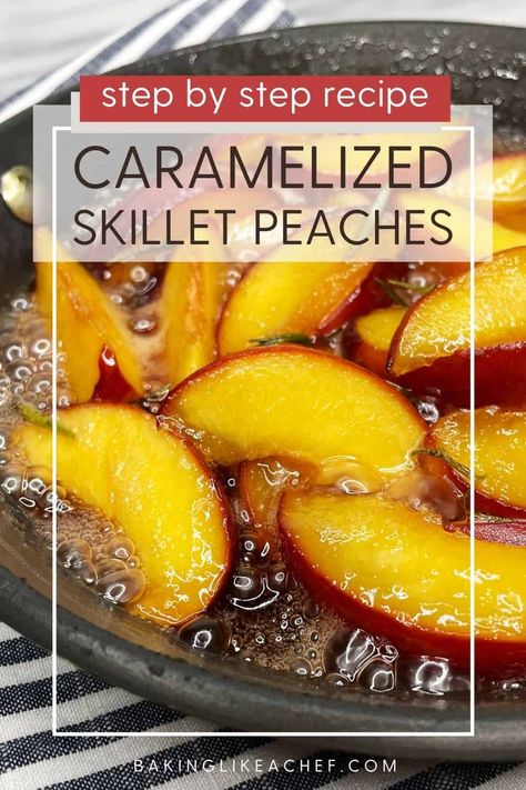 This easy skillet-fried peach recipe is incredibly delicious for something so easy to make. If you are looking for a quick fresh dessert to serve, this is it! These caramelized peaches come with just 4 ingredients and take less than 10 minutes of hands-on time from start to finish. Perfect on its own or served over ice cream, whipped cream, or coconut cream – this skillet will be your go-to summertime treat! #bakinglikeachef #caramelpeaches #friedpeaches | www.bakinglikeachef.com Sliced Peaches Recipes, Hot Peaches Recipe, How To Use Fresh Peaches, Peaches Recipes Dessert, Frozen Peach Desserts, Dried Peaches Recipe, What To Make With Fresh Peaches, Ideas For Fresh Peaches, What To Do With Peaches Going Bad