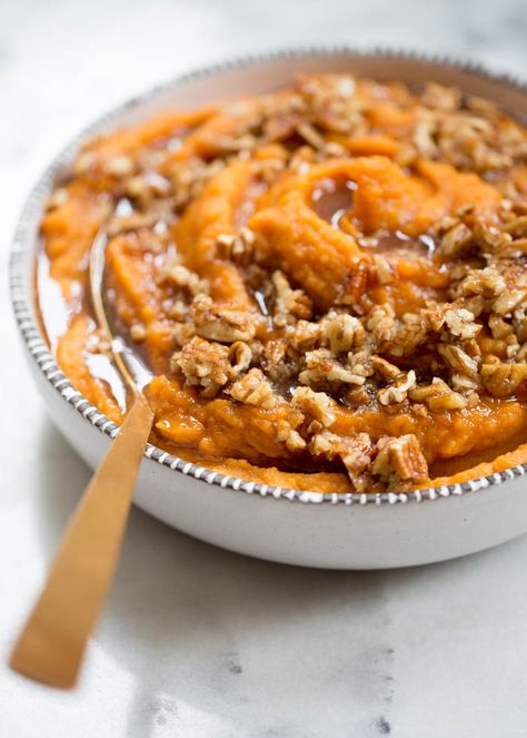 Sweet potatoes simmered in coconut milk until tender, whipped until smooth, and topped with a warm maple syrup and pecan mixture. Dairy-free and delicious! #veganthanksgiving #veganthanksgivingsides #sweetpotatoes #dairyfreethanksgiving Whipped Sweet Potatoes, Slow Cooker Sweet Potatoes, Sweet Potato Recipes Casserole, Crockpot Cooking, Baked Treats, Delicious Thanksgiving, Thanksgiving Side, Vegan Thanksgiving, Mashed Sweet Potatoes