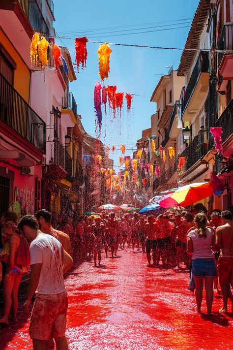 "Explore the magic of Summer Festivals in Spain! ✨ From the lively streets of La Tomatina to the vibrant celebrations of Feria de Abril, dive into Spain’s most exciting summer events. Enjoy colorful parades, traditional dances, and delicious local food. 🌞🎉🎶 #SummerFestivals #SpainEvents #FestivalFun" Tomatina Festival Spain, Spain Festival, Spain Dance, Tomatina Festival, La Tomatina Festival, Spanish Festivals, La Tomatina, Stall Decorations, Festival Aesthetic