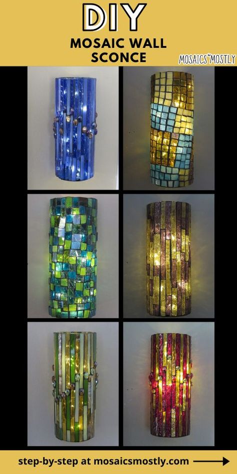 Create gorgeous stained glass mosaic wall sconces for your home or for that special someone this Christmas! The best mosaic beginner's project EVER! Glass Mosaic Art Ideas Easy, Mosaic Bottles Ideas, Mosaic Vases Ideas, Glass Mosaic Art Ideas, Diy Mosaic Ideas, Easy Mosaic Projects For Beginners, Glass On Glass Mosaic, Mosaic Projects Ideas, Glass Mosaic