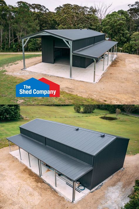 What a masterpiece of a shed, styled all over in one of the most popular #COLORBOND colours - Monument®. Industrial Shed House, Steel Shed Ideas, Metal Shed Ideas, Industrial Shed Design, Colorbond Colours, Diy Pole Barn, Metal Garage Buildings, Prefab Garages, Metal Shop Building