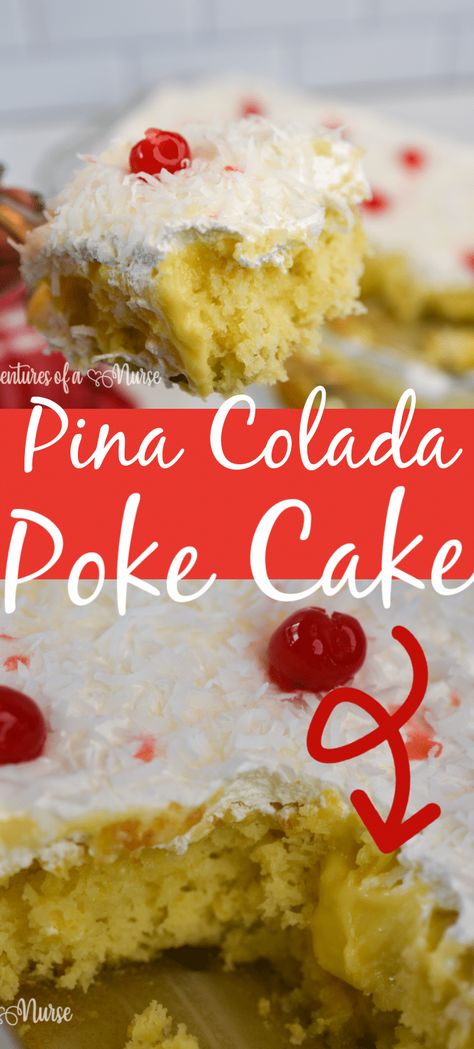 This super moist pineapple and coconut pina colada cake combines cake mix, vanilla pudding, shredded pineapple and can of cream of coconut that is then topped with cool whip and shredded coconut to create the perfect tropical dessert perfect for parties and get-togethers with friends and family. Pina Colada Poke Cake, Pina Colada Cake, Poke Cake Recipe, Tropical Desserts, Paleo Snack, Pi A, Poke Cake Recipes, Poke Cakes, Pineapple Coconut