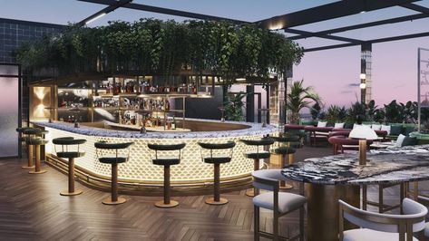 Rooftop Bar And Restaurant, Restaurant Rooftop Design, Roof Bars Design, Terrace Restaurant Design Rooftop Bar, Open Bar Design Outdoor, Terrace Cafe Design Rooftop Bar, Outdoor Club Design, Outdoor Bar Restaurant Design, Bar At Home Design