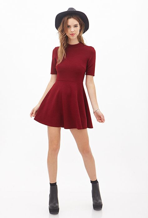 Try Higher Necklines Mock Neck Dress, Outfit Trends, 2019 Fashion, Burgundy Dress, Style Tips, Winter Style, Small Bust, Fit Flare Dress, Look Fashion