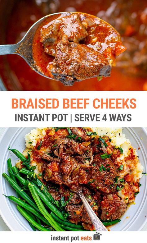 Delicious and hearty Instant Pot beef cheeks braised in tomato and red wine sauce until fall-apart tender. Learn how to make this beef cheek recipe in your pressure cooker (stovetop instructions are also provided) and how to enjoy them in 4 different ways: pasta ragu sauce, with mashed potatoes, as tacos or as a beef cheek pie. Instant Pot Beef Cheeks Recipe, Beef Cheek Instant Pot, Red Wine Tomato Sauce, Beef Cheeks Recipe, Pasta Ragu, Cooking With Red Wine, Ragu Sauce, Over Mashed Potatoes, Beef Cheeks