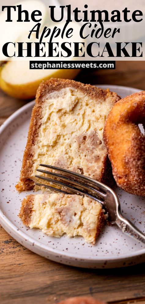 This apple cider cheesecake tastes like a fresh apple cider donut in cheesecake form! It has apple cider cheesecake, apple cider cinnamon filling, and a cinnamon sugar topping! It is the BEST fall dessert. Apple Cider Donut Cheesecake, Essen, Apple Cider Cheesecake Bars, September Deserts, Snickerdoodle Cheesecake Recipes, Bourbon Apple Cider Cake, Apple Cinnamon Cheesecake Cupcakes, Fall Inspired Cheesecake, Tasty Fall Desserts