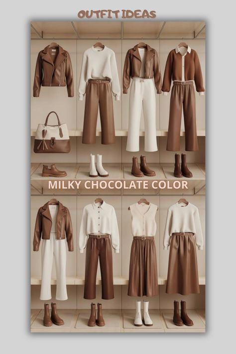 cappuccino, soft latte. A coffee-colored trench coat over a white turtleneck and straight-leg trousers. A cozy coffee-toned sweater with a white pencil skirt.
variations like coffee leather jackets, white blouses, coffee high-waisted pants, and midi skirts. Accessories such as coffee ankle boots, white scarves, and leather belts complement each outfit. spaced evenly, materials wool, cotton, or leather. smooth fabric transitions, ensuring no smudged or unclear areas. Soft, warm autumn lighting.. White And Brown Outfits For Women, Brown And White Outfit, Skirt Variations, White Pencil Skirt, Style Parisienne, White Blouses, Cozy Coffee, Winter Ideas, Boots White