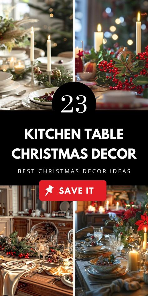 Find inspiration for your holiday home with 23+ Christmas kitchen decor ideas. From a farmhouse Christmas dining table decor to holiday dining table centerpieces, explore small table Christmas decor, dining room Christmas decorations, and festive table designs to brighten your space. Save this to your decor board! Dining Table Xmas Centerpiece, Christmas Dining Table Set Up, Garland On Dining Table, Dining Room Decor For Christmas, Christmas Decor Ideas For Kitchen Table, Christmas Dining Room Table Decor Ideas, Dining Room Christmas Decor Ideas, Small Table Christmas Decor, Christmas Decor For Dining Table