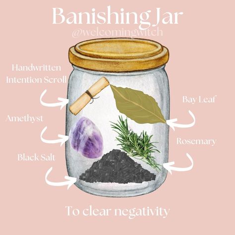 Feeling overwhelmed by negativity? ️ Create a simple Banishing Jar to clear negativity and create space for positivity. ✨ Here's what you'll need: * A clean glass jar * Black salt (absorbs negativity) * Rosemary (cleansing) * Amethyst (protection) * Bay leaf (wishes for positive change) * A handwritten intention scroll (optional) Instructions: Layer the ingredients in the jar, focusing on your intention. Seal it with a cork and twine. Place it somewhere you'll see it d... Banish Spell Jar, Banishing Jar, Banishing Spell Jar, Rosemary Cleansing, Banish Spell, Intention Jars, Amethyst Protection, Banishing Spell, Spell Jars