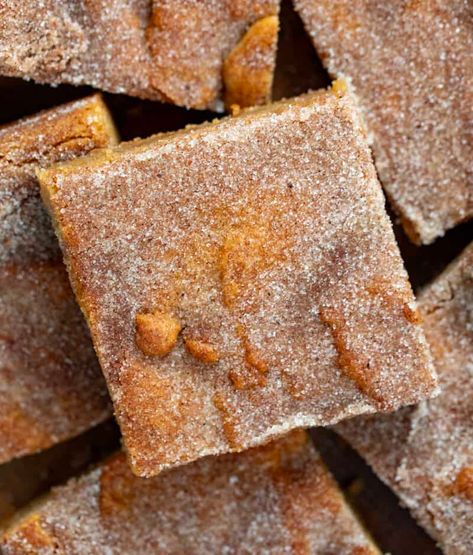 These Apple Cider Blondies are chewy, buttery dessert bars made with apple cider and topped with a sweet mix of apple pie spice and sugar for a tasty Fall treat! Apple Cider Desserts, Snickerdoodle Bars Recipe, Apple Blondies, Snickerdoodle Bars, Homemade Apple Cider, Apple Cider Donuts, Cookie Bar Recipes, Pancakes And Waffles, Snickerdoodles