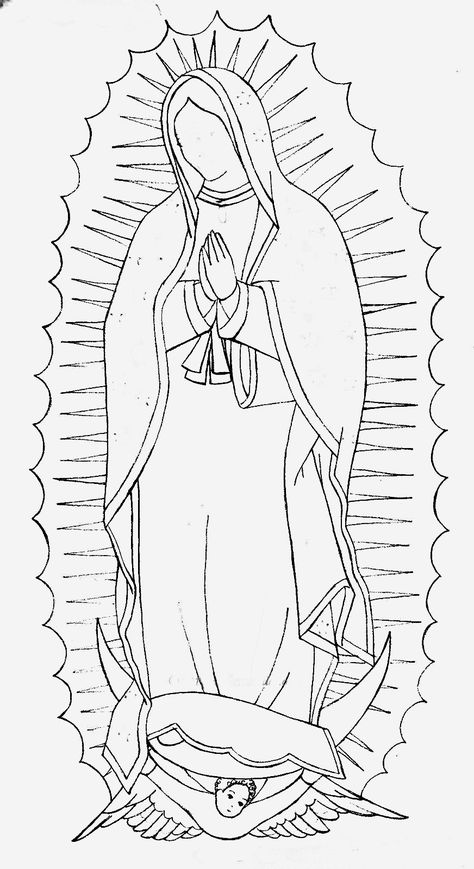 Virgen Mary Outline Tattoo, How To Draw The Virgin Mary, Easy Virgencita Drawing, Virgin Mary Easy Drawing, Our Lady Of Guadalupe Coloring Page, Virgen Mary Drawings, Virgin Mary Coloring Page, Mother Mary Drawing Easy, Lady Of Guadalupe Drawing