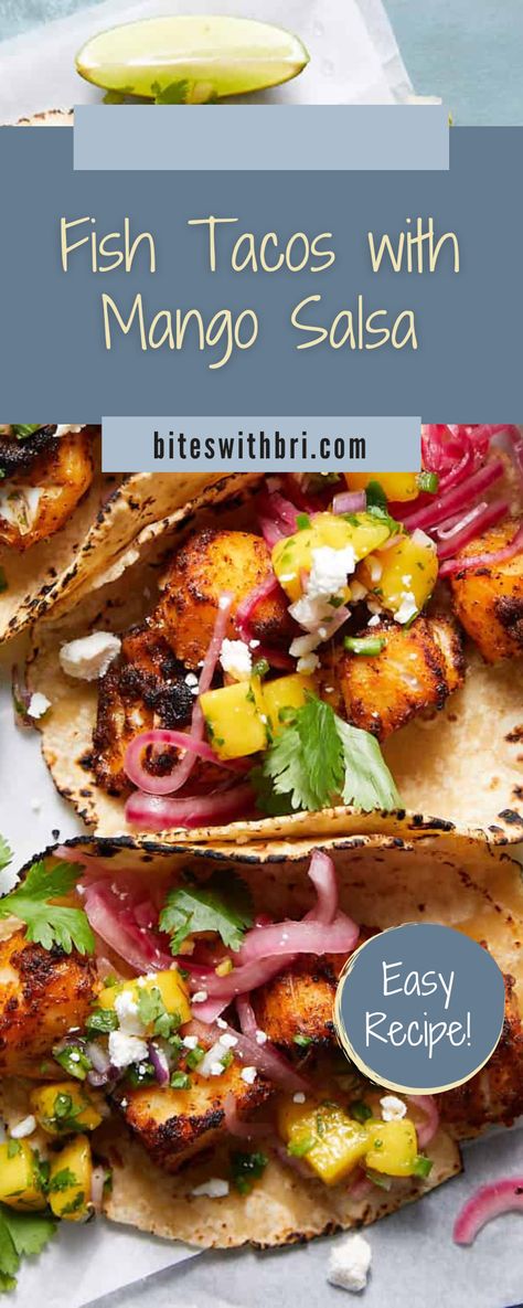 Fish Taco With Mango Salsa Recipe, Sea Bass Tacos Recipes, Haddock Fish Tacos Recipe, Fish With Mango Salsa Recipe, Sea Bass Taco Recipes, Grouper Fish Tacos, Fish Taco Mango Salsa, Mango Salsa For Fish Tacos, Mahi Mahi Tacos With Mango Salsa