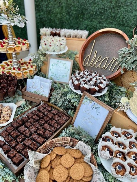 Dessert Bar Wedding Display, Wedding Food Dessert Bar, Housewarming Dessert Table, Rustic Wedding Treat Table, Mini Dessert Grazing Table, Country Party Desserts, Farmhouse Wedding Dessert Table, Open House Dessert Table, Fun Wedding Dessert Table