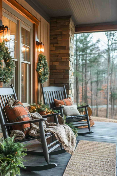 39 Winter Front Porch Decor Ideas: Inviting, Pretty Entrances Fall Winter Front Porch Decor, Fall Southern Porch, Small Cabin Porch Ideas, Brown House Porch Ideas, Log Home Porch Decor, Front Porch Set Up, Winter Small Porch Decor, Mountain House Porch, Small Side Porch Decorating Ideas