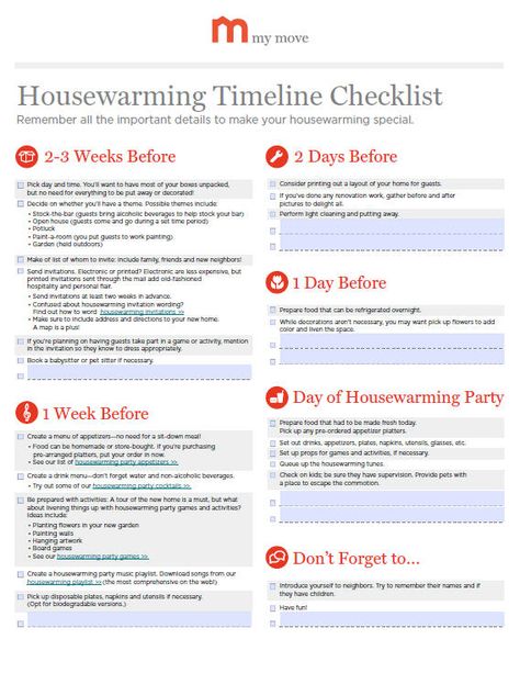 Housewarming Party Timeline Checklist | My Move Food Suggestions, Party Timeline, House Warming Party, House Gift Box, Susan Miller, Housewarming Gift Baskets, Party Checklist, Moving Tips, Housewarming Party