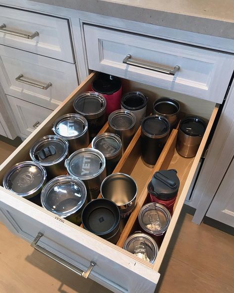 How To Organize My Kitchen Cabinets, Kitchen Remodel Organization Ideas, Cup Storage In Drawers, Cup Drawer Organization, Tumbler Storage Ideas Kitchen, Custom Kitchen Organization, Home Building Must Haves, Yeti Organization, Drawer Cup Storage