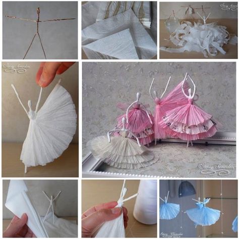 Paper napkin, wire, and glue Ballerinas: click through, then again, for the charmingly translated-from-Russian original post. How To Make Snowflakes, Diy Napkins, Folding Origami, Handmade Paper Crafts, Recycled Crafts, How To Make Paper, Cute Crafts, Paper Napkins, Paper Crafts Diy