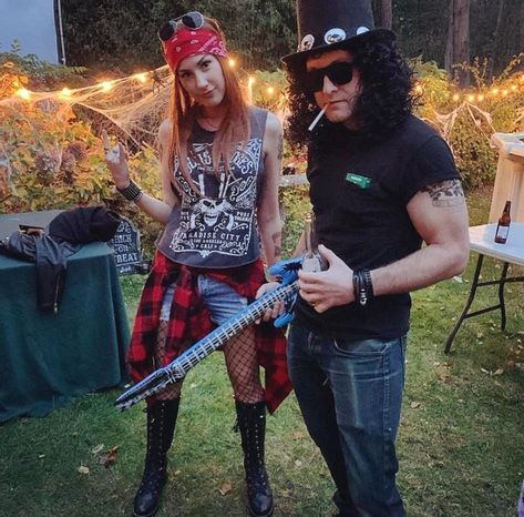 Axl Rose And Slash Costume Halloween Couples, Slash Axl Rose Costume, Axl Rose Halloween Costume, Axel Rose And Slash Costume, Slash Costume Female, 80s Hair Band Costume, Axel Rose Costume, Rockstar Party Outfit, Rock Theme Party Outfit