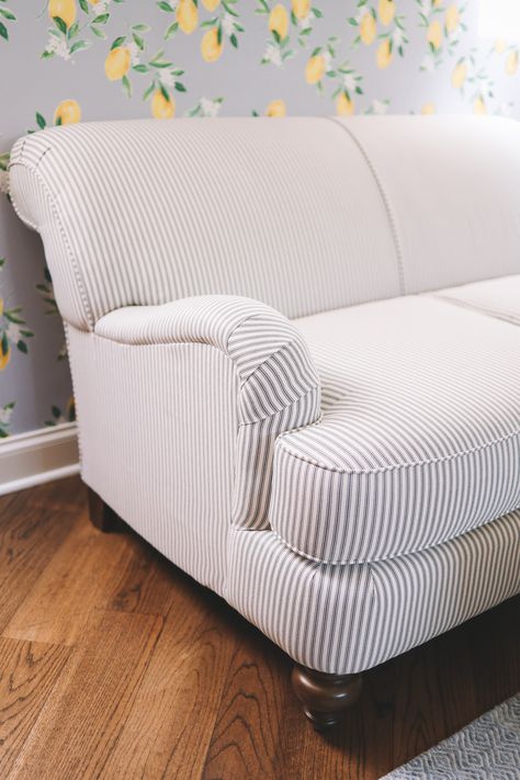 Blue Stripe Sofa, Blue And White Striped Couch, Striped Sofa Living Rooms, Two Loveseats Living Room, Pillows On Loveseat, Loveseat In Kitchen, Pinstripe Couch, Striped Loveseat, Ticking Stripe Sofa