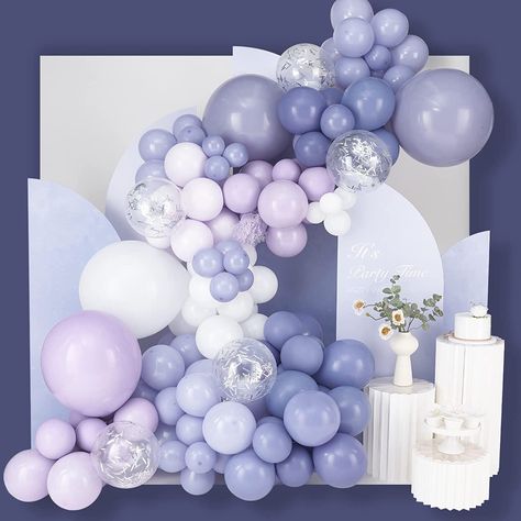 Purple Blue Birthday Decorations, Pastel Purple Birthday Theme, Lavender Balloon Decorations, Lavender And White Birthday Decorations, Lilac Balloon Garland, Balloon Arch Purple, Birthday Decorations Lilac, Lavender Balloon Arch, Purple Engagement Decor