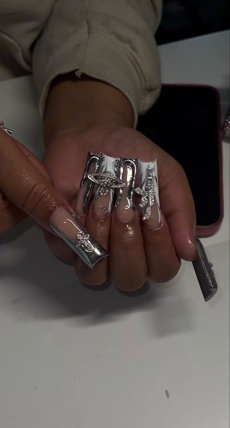 Sliver Nails, Prom Nails Silver, Hard Nails, Colored Acrylic Nails, Dope Nail Designs, French Acrylic Nails, Short Square Acrylic Nails, Exotic Nails, Unique Acrylic Nails