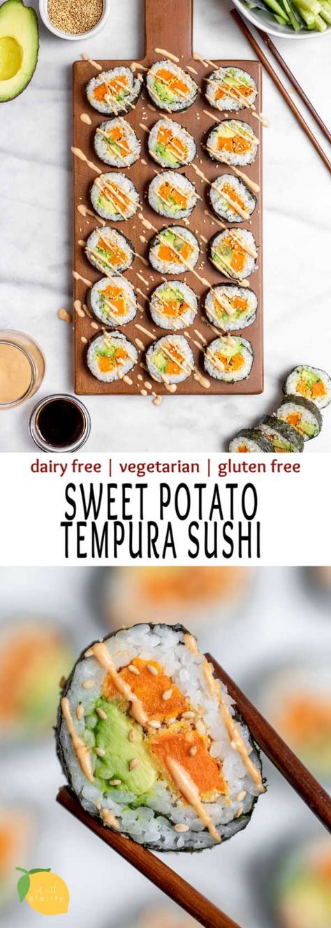 Sweet Potato Sushi Roll, Sweet Potato Sushi, Vegetarian Sushi Recipes, Sweet Potato Tempura, Vegetarian Sushi Rolls, Sweet Potato Vegetarian, Tempura Sushi, Gluten Free Meal Prep, Healthy Sushi