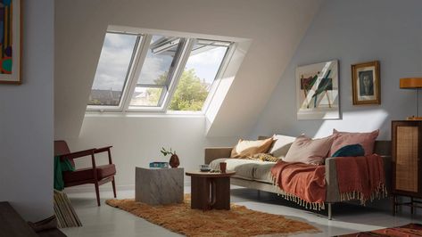 VELUX roof windows - 3in1 roof window - maximum daylight Small Attic Room, Pitched Roof Window, Velux Windows, Roof Windows, Windows 1, Loft Conversions, Roof Coating, Roof Window, Roof Tiles