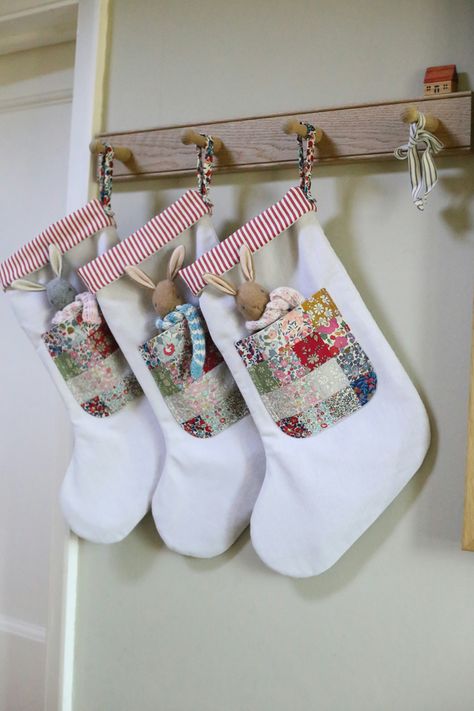 Christmas Stockings Sewing, Pinstripe Fabric, Patchwork Christmas, Christmas Patchwork, Quilted Christmas Stockings, Christmas Sewing Projects, Christmas Stockings Diy, Christmas Stocking Pattern, Stocking Pattern