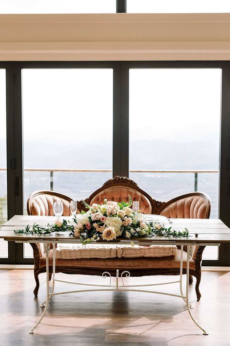 Trillium Loveseat Sweetheart table Sweetheart Table Wedding Loveseat, Vintage Loveseat Wedding, Loveseat Sweetheart Table, Vintage Loveseat, Loose Bouquet, Sweetheart Table Wedding, Flower Ideas, Sweetheart Table, Cocktail Hour