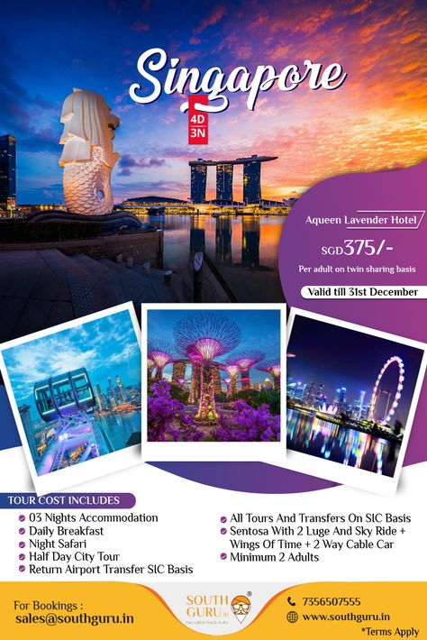 Singapore Tour Packages | Best Deals Guaranteed | Southguru Holidays Book Singapore Packages at Southguru Holidays for best prices. Plan your Singapore Tour with customized Singapore packages Book Now! SouthGuru Holidays Private Limited Thiruvananthapuram Ph - 0471 4010855 Mob - 73565 07555 / 08555 Mail - sales@southguru.in www.southguru.in Shillong, Singapore Tour Package, Travel Advertising Design, Travel Brochure Design, Singapore Tour, Travel Creative, Travel Advertising, Travel Poster Design, Tourism Poster