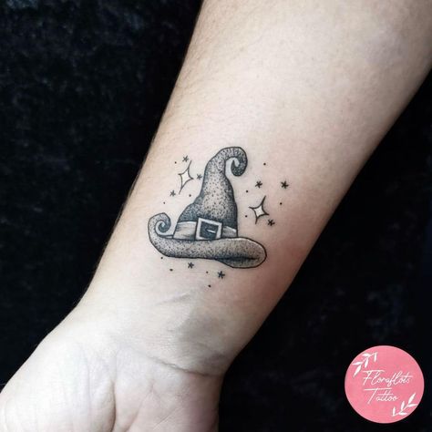 Small Witches Hat Tattoo, Halloween Witch Tattoo Ideas, Witch's Hat Tattoo, Witch Hat Finger Tattoo, Simple Witch Hat Tattoo, Bewitched Tattoo, Ghost With Witch Hat Tattoo, Witch Hat Tattoo Ideas, Salem Witch Tattoo