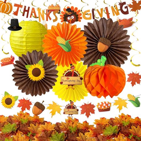 Mauts-inus Fall Thanksgiving Party Decorations -Autumn Hanging Maple Leaves Pumpkins Sunflower Swirl Paper Fans Paper Pompoms Lanterns Garlands Fall Turkey Banner (Thanksgiving Decoration one) Thanksgiving Party Decorations, Fall Party Decorations, November Crafts, Fall Leaf Garland, Thanksgiving Banner, Turkey Crafts, Autumn Paper, Turkey Craft, Thanksgiving Party