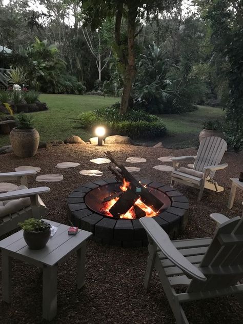 Walking Path To Fire Pit, Black Fire Pit Ideas Backyard, Woodsy Fire Pit Area, Fire Pit Area Ideas Backyard On A Budget, Tropical Fire Pit, Firepits Backyard Ideas Landscapes, Rock Fire Pit Area, Small Yard Fire Pit Ideas, Fire Pit Area Ideas Backyard