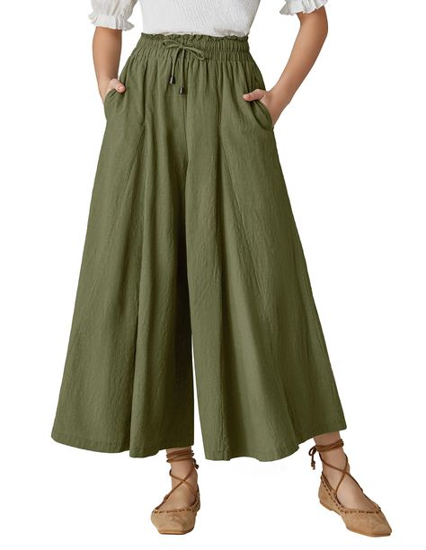 PRICES MAY VARY. Comfortable Material - Made of cotton material, our linen wide-leg pants are not see-through, soft, lightweight, flowy, and comfortable. The women's cotton wide-leg pants are a versatile and comfortable addition to any wardrobe Features - Designed with a drawstring waist, flowing wide-leg bottom, and side seam pockets on both sides, our linen pants allow for maximum comfort and a customized fit, suitable for different curvy women Matching Tips - These versatile linen pants can b Linen Pants For Work, Green Outfits For Women, Women Wide Leg Pants, Lounge Trousers, Linen Pants Outfit, Simple Tank Tops, Linen Casual, Flowy Pants, Summer Linen