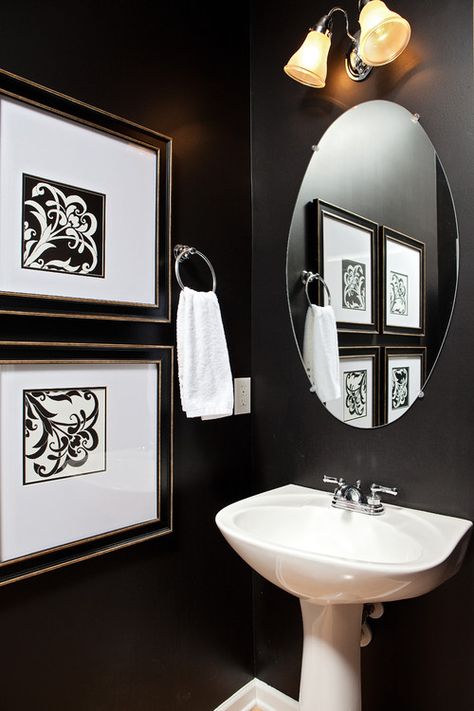 Wall Color Is Sherwin Williams Caviar. Dark Powder Room, Chic Powder Room, Black Powder Room, Powder Room Paint, Traditional Powder Room, Powder Room Design Ideas, Black Painted Walls, Dining Room Paint Colors, Black And White Bathroom