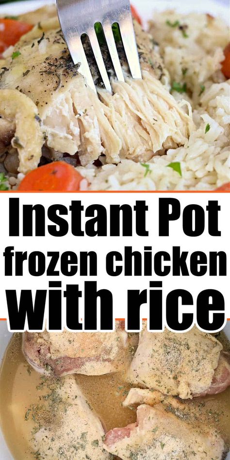 Frozen chicken and rice Instant Pot with vegetables is tender and delicious. With thighs or breasts in Ninja Foodi under high pressure. Chicken Rice Instant Pot Recipes, Instapot Frozen Chicken Recipes, Frozen Chicken Rice Instant Pot, Frozen Chicken Instant Pot Recipes Easy, Frozen Chicken Insta Pot Recipe, Instapot Frozen Chicken, Frozen Chicken And Rice Instant Pot, Instant Pot Recipes Frozen Chicken, Instant Pot Chicken And Rice Recipes