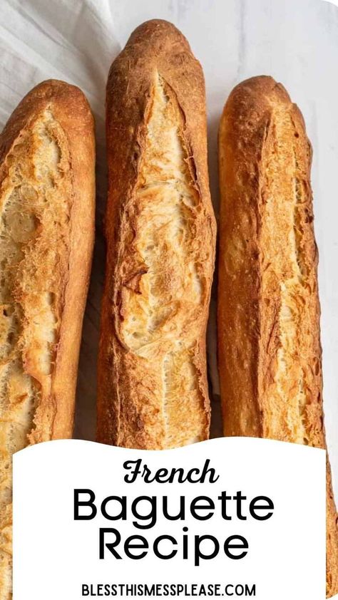 This simple baguette recipe make 3 baguettes that are crispy on the outside, perfectly chewy on the inside, and full of complex flavor. Homemade Baguette Recipe, Homemade Baguette, French Breads, French Baguette Recipe, Bread Gifts, Kitchen Secrets, Baguette Recipe, French Bread Recipe, Baguette Bread