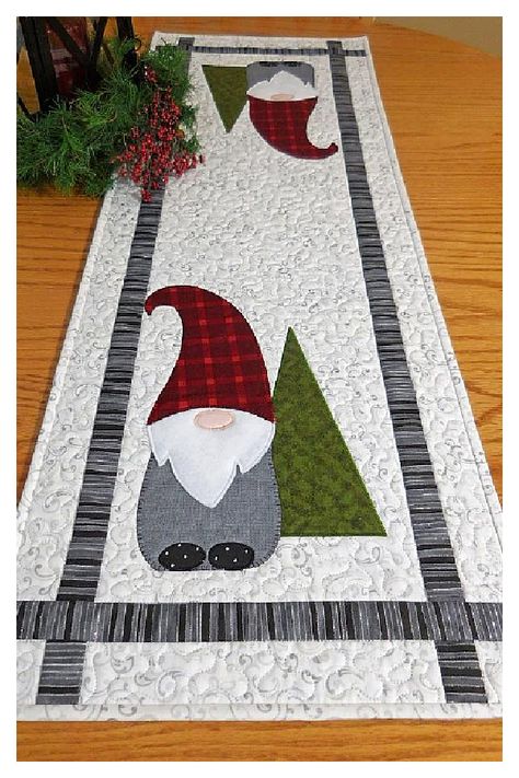 Adorable Gnome Table Runner Free Sewing Pattern | Fabric Art DIY Gnome Table Runner, Xmas Table Runners, Christmas Table Runner Pattern, Christmas Quilting Projects, Quilted Table Runners Christmas, Patchwork Table Runner, Christmas Sewing Projects, Christmas Quilt Patterns, Holiday Table Runner