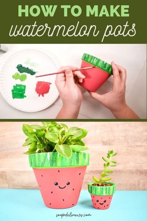 These watermelon painted terracotta pots make fun painted planter ideas for your outdoor home and garden decor. If you need painted planter ideas, learn how to make painted terracotta pots. These watermelon pots are a fun way to decorate your clay pots for use on your porch or patio. Paint terracotta flower pots with a cute watermelon design with this easy DIY craft tutorial for painting terracotta pots. Plus learn tips and tricks for cleaning and prepping your clay planters for paint. Paint Terracotta, Painted Terracotta Pots, Patio Paint, Watermelon Painting, Painted Planter, Watermelon Design, Fun Diy Craft Projects, Tattoo Plant, Gardening Projects